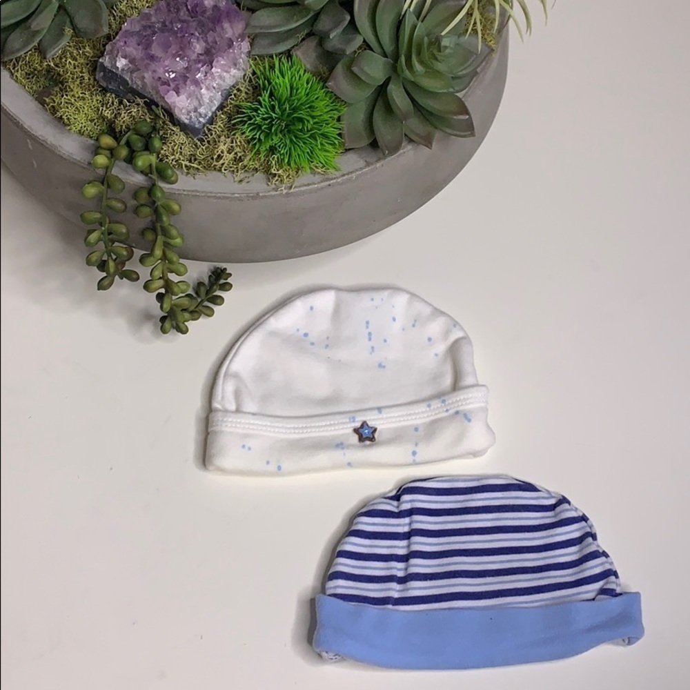 Two blue cotton stretch knit newborn hats beanie blue white